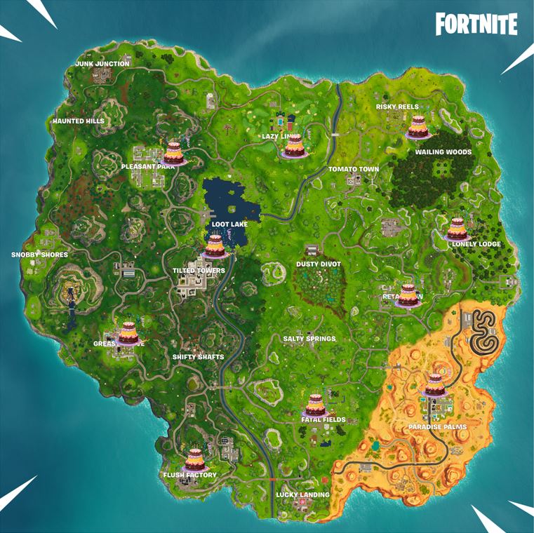Birthday Cake Locations on Fortnite Map
