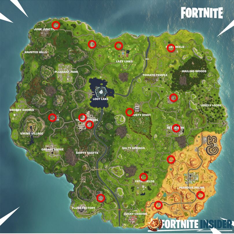 Fortnite Season 6 Spotlight locations for Dance under different Streetlight Spotlights challenge