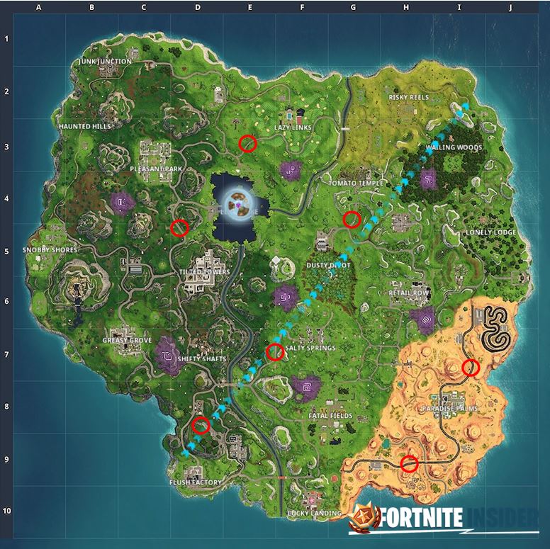 Fortnite map with all Radar Signs for Season 6, Week 5 Challenges