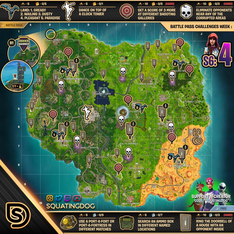 Season 6 week 4 challenges cheat sheet fortnite map