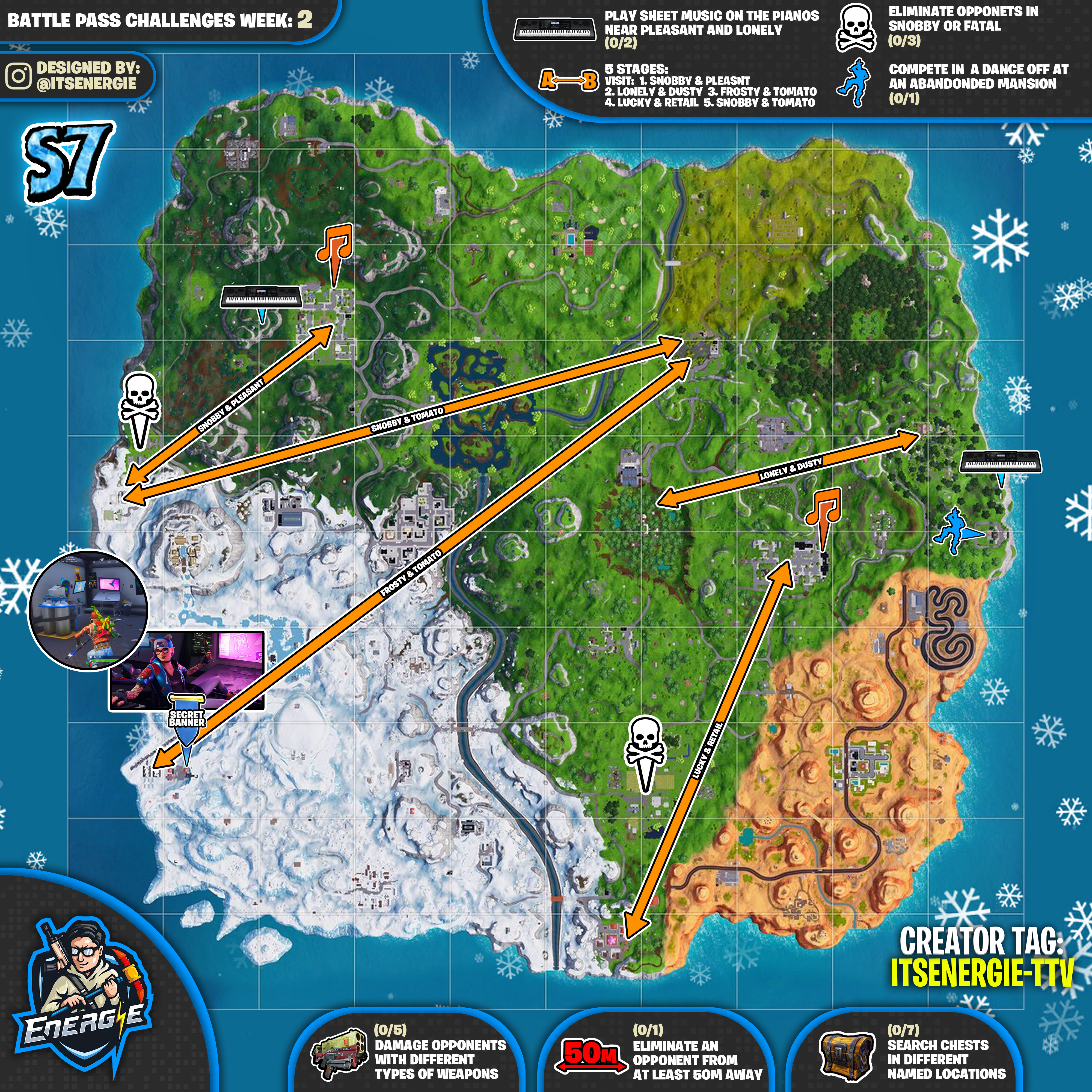 Fortnite Cheat Sheet Map Season 7, Week 2 Challenges