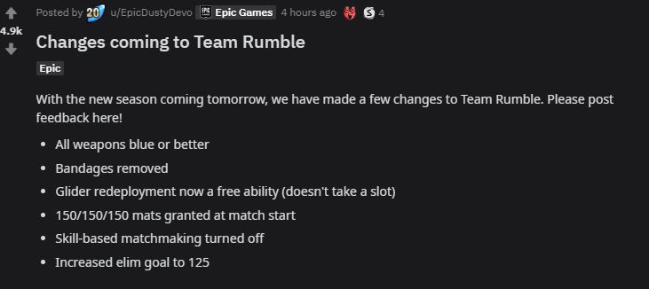 Fortnite v12.00 Patch Notes Team Rumble