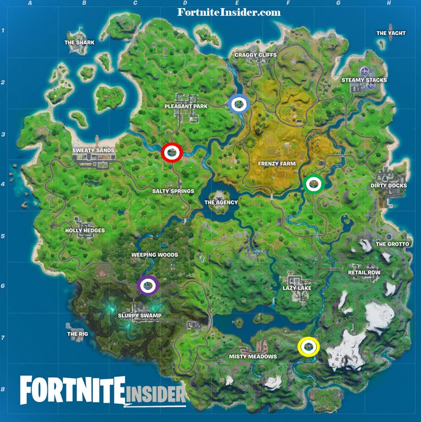 Fortnite Red Yellow Green Blue Purple Steel Bridges Locations Map
