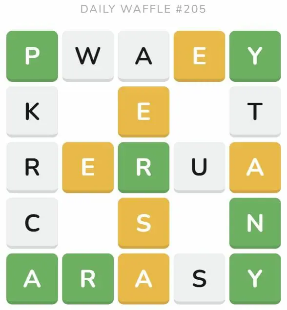 Daily Waffle Game 205 Puzzle - August 14th 2022