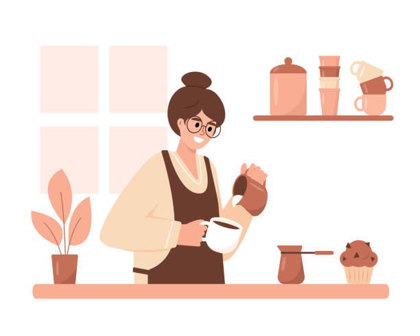 Young woman making Coffee with milk in kitchen at home. Female person character barista working in coffee shop. Flat or cartoon Vector illustration.