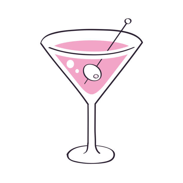 Pink martini cocktail glass with an olive isolated vector illustration